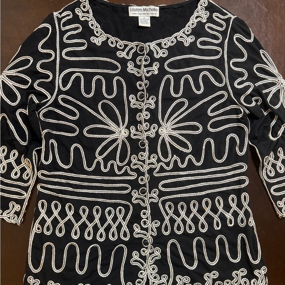 Black Embroidered Boho Jacket Statement Button Front Medium